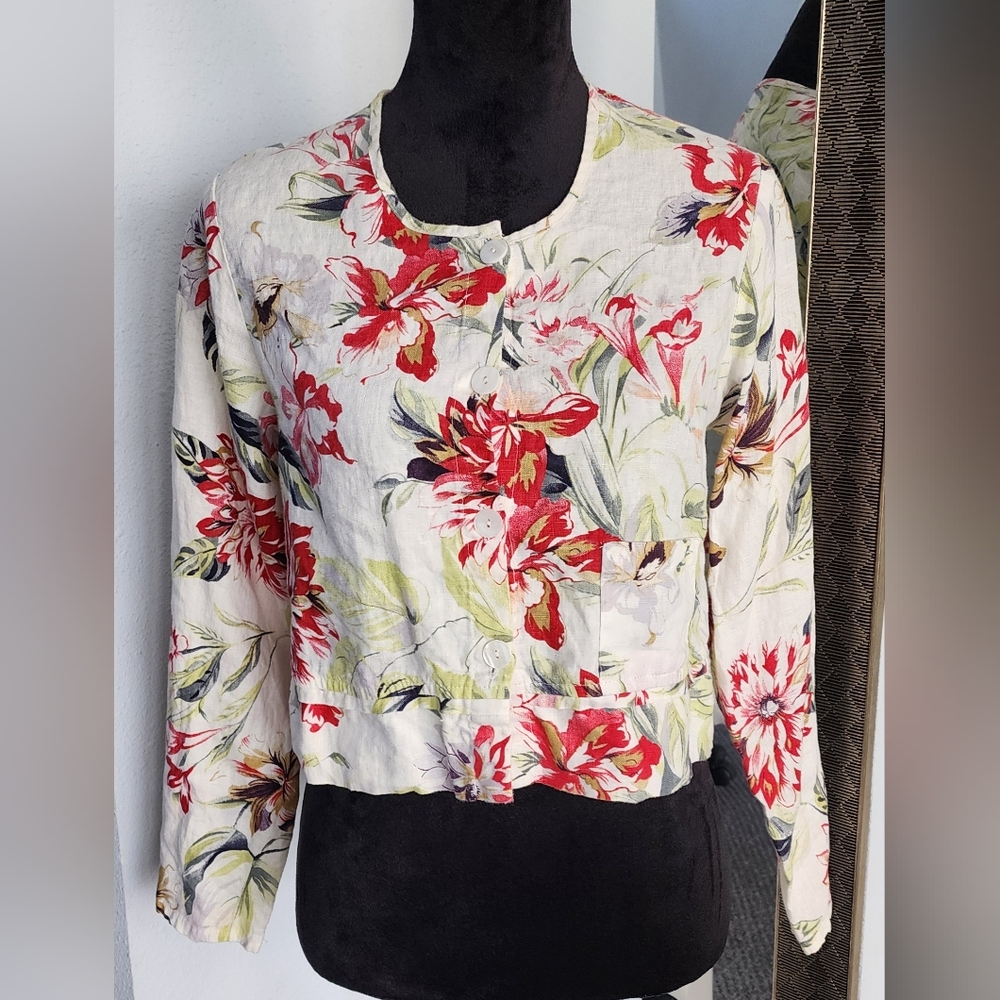 Flax Women's Long Sleeves floral Bottom Down Shirt Size Petite